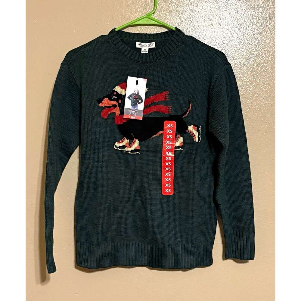 Mighty Fine Women XS Green Knit Holiday Dog Graphic Crewneck Pullover Sweater